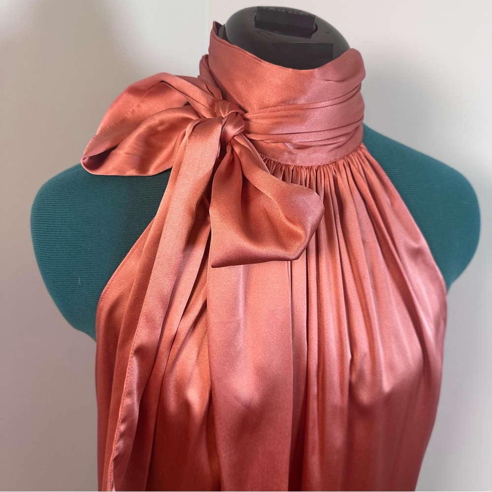 Ramy Brook Lori Silk High Neck Bow Halter Blouse in Deep Blush - Size Large - Picture 7 of 14